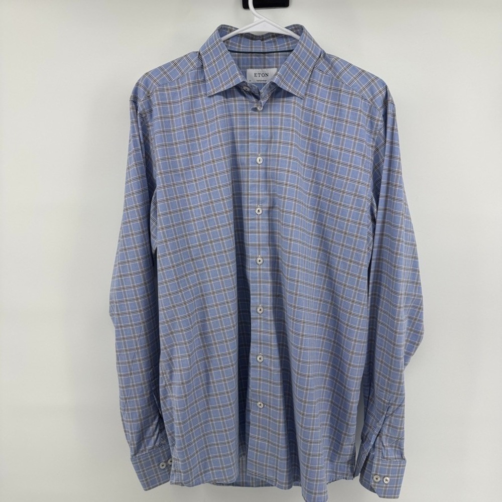 ETON Contemporary Dress Shirt Mens 43 - 17 Stripe Blue Plaid Barrel Cuff